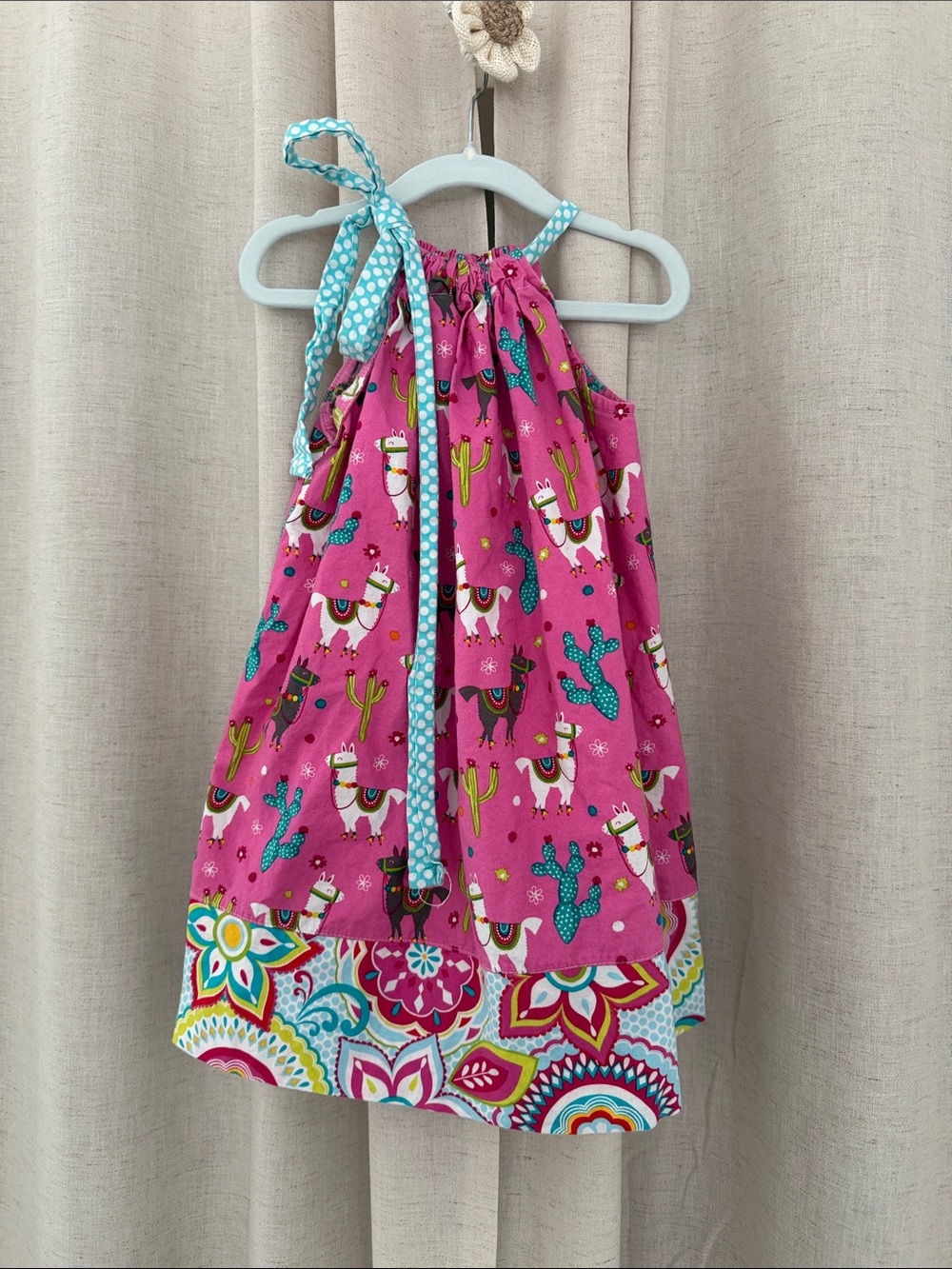 Girls' Pink Llama Print Adjustable Strap Pillowcase Dress